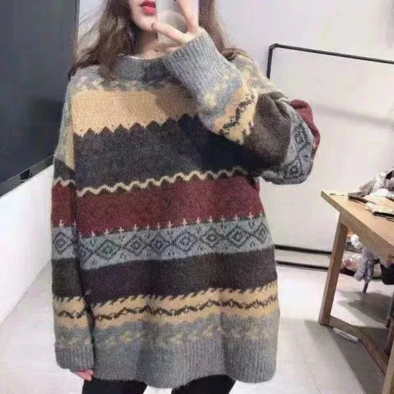 Pullover Vintage donna maglioni Casual allentati moda coreana O collo maglioni pigri donna 4XL Harajuku donna Ulzzang Chic top