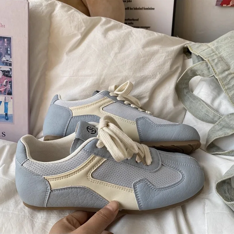 Women Retro Color Block Mesh Flat Sneakers Leather Patch Lace Up Shoes Breathable Daily Low Top Footwear