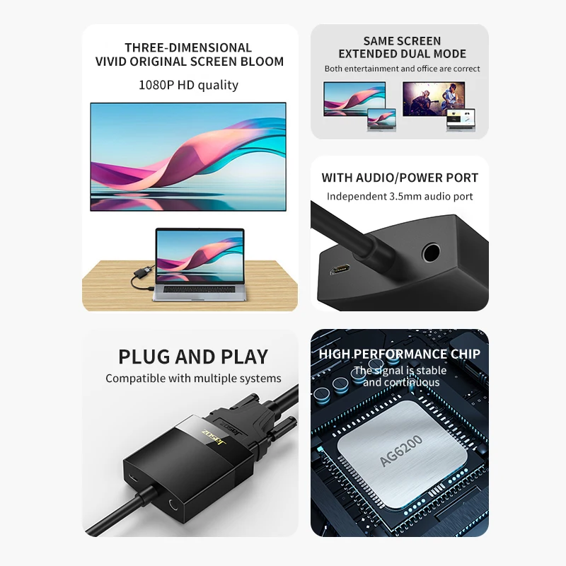 Jasoz HDMI to VGA Adapter HD 1080P HDMI Male to VGA Female Converter with Audio Power Supply Video Cable for PC Laptop Tablet TV