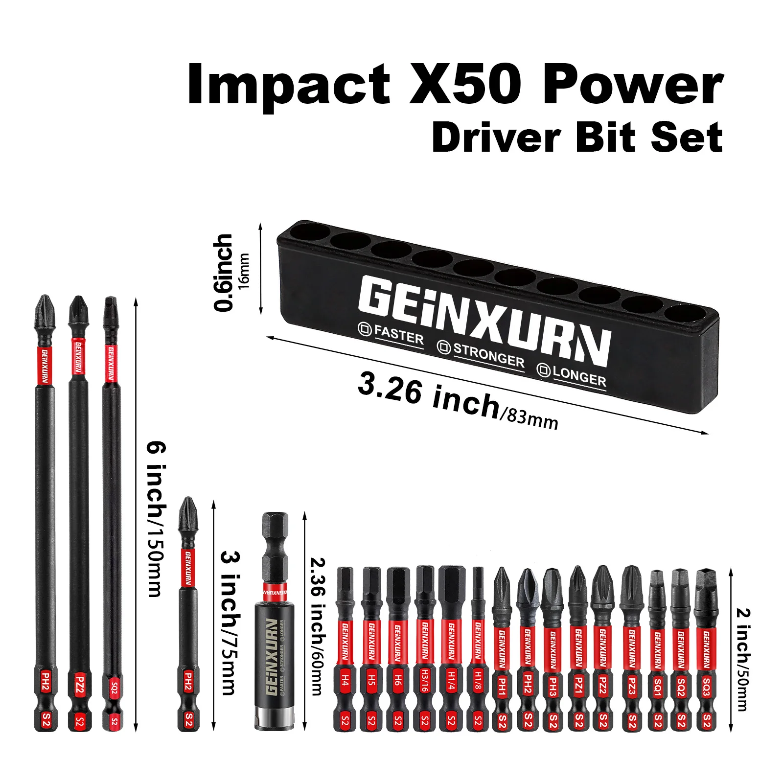 Geinxurn Mixed 2\'\'/3\'\'/6\'\'Impact X50 Power Driver bit set ,S2 Alloy Steel Bit with 2.36\'\'Bit Holder and Storage Organizer