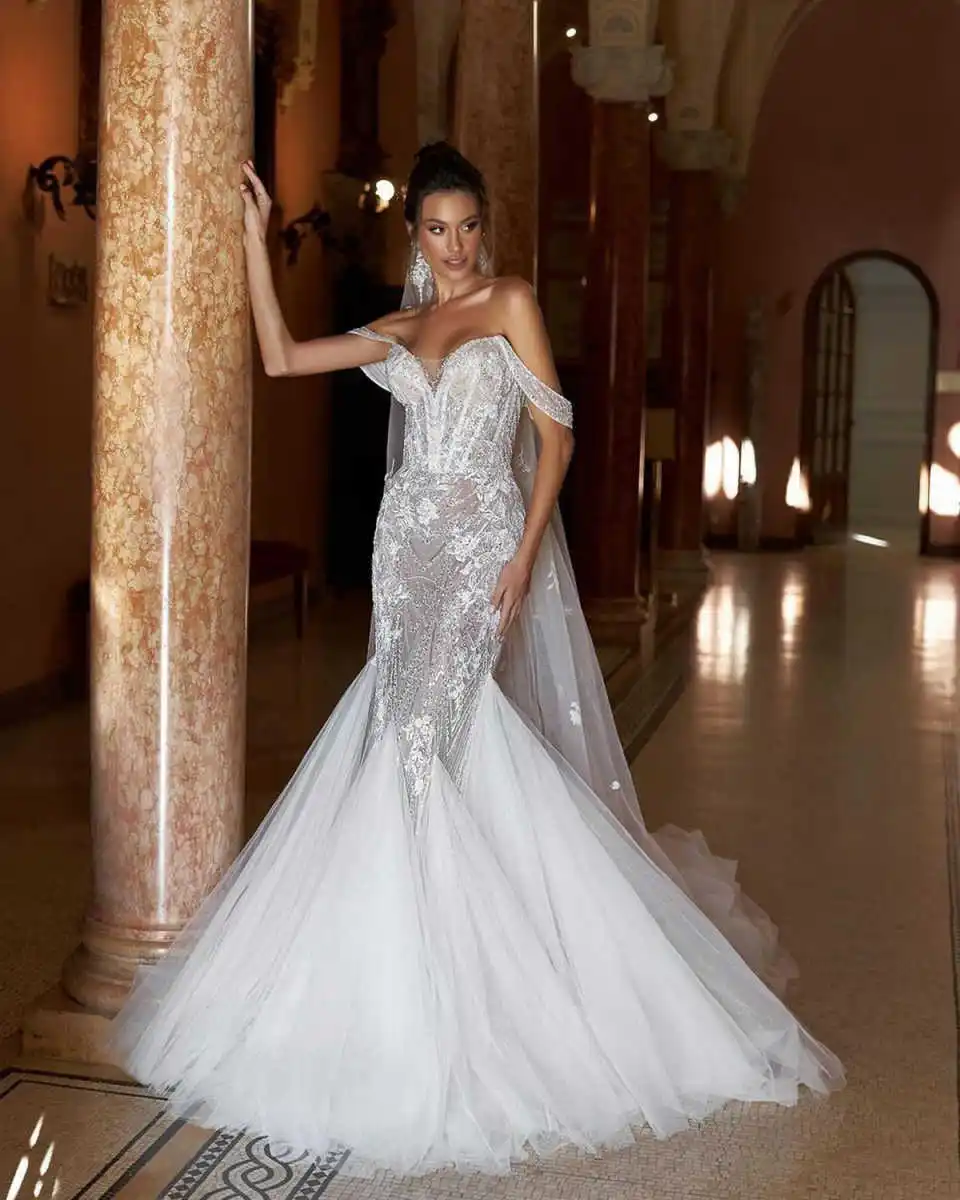 Fashion Mermaid Wedding Dresses For Women Sweetheart Neck Off Shoulder Bridal Gown Sequins Sweep Train Customized Dress