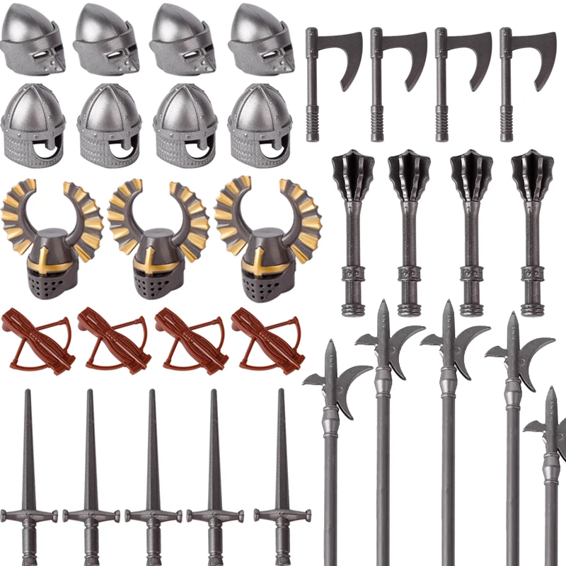 Medieval Figures Military Accessories Building Blocks Knights Solider Weapons Helmet Sword Battleax Crossbow Arthur Shield Toys