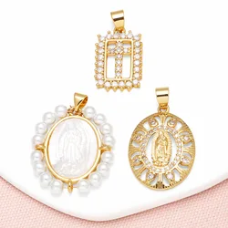 OCESRIO Fashion Beads Resin Virgin Mary Pendant for Necklaces Copper Gold Plated CZ Crucifix Jewelry Making Component pdtb693