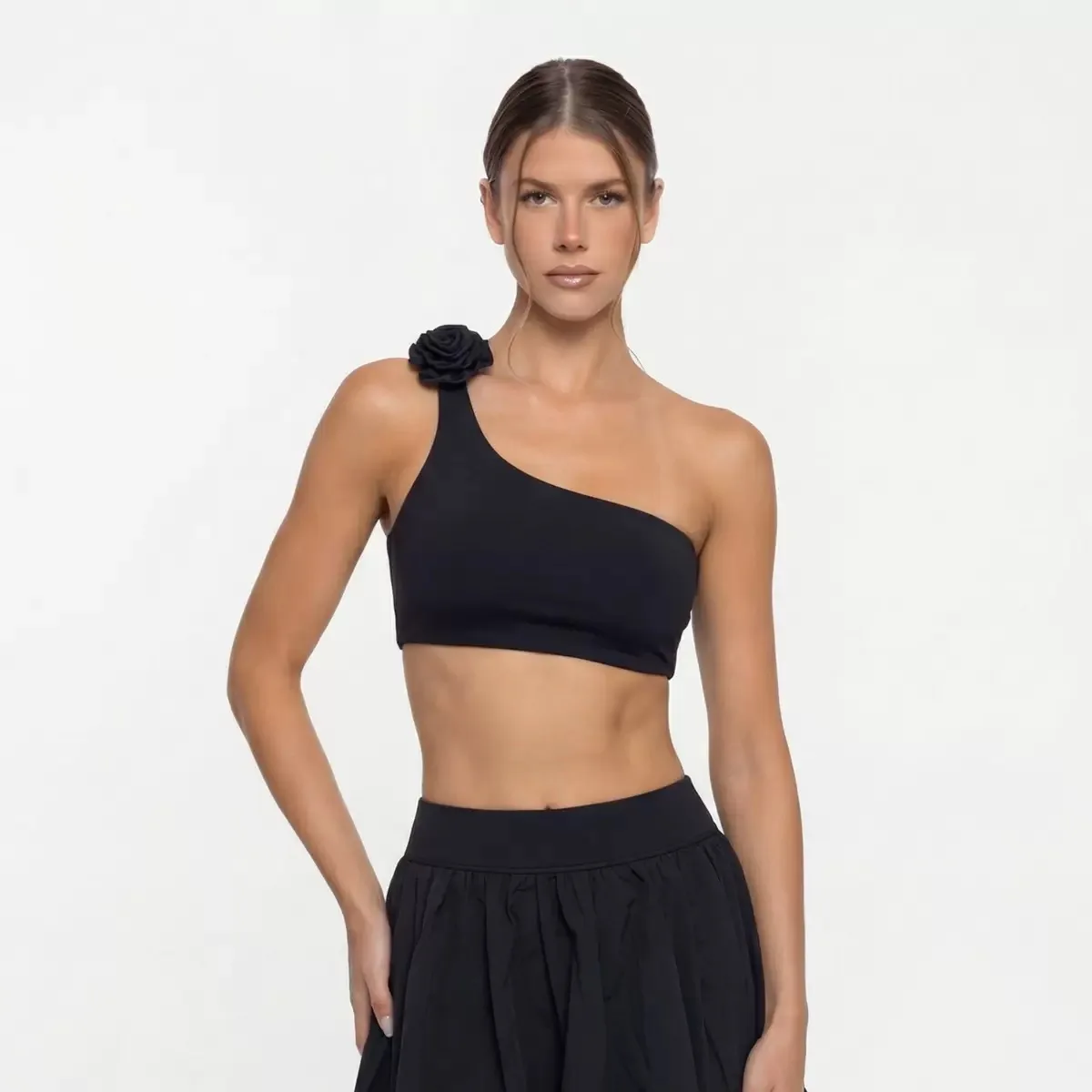 Off-shoulder Bra Solid Color Sports Tops Woman Gym White Black Sports Bra Sexy One-Shoulder Split Women\'s Flower Yoga Clothes