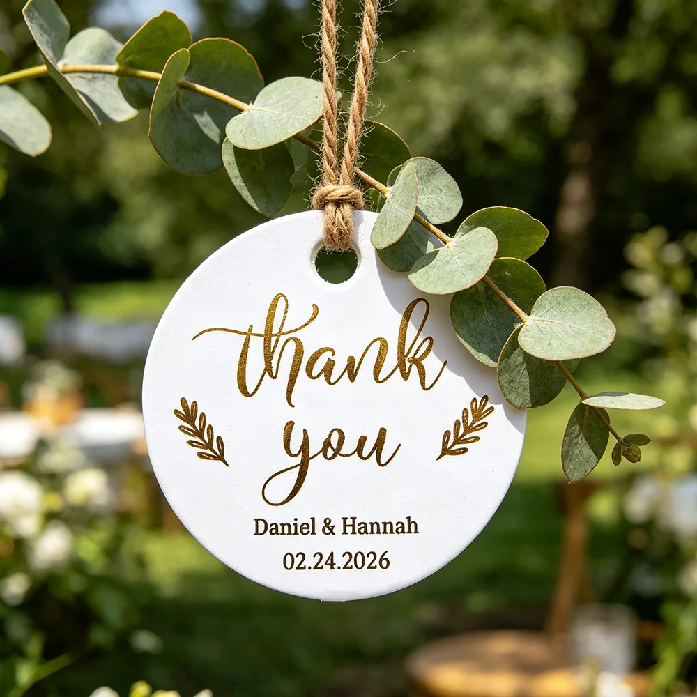 Personalized Round Gift Tags,White with Gold Foil, Modern Minimalist Style, Custom Wedding Favor Tags,Name Initial Customization