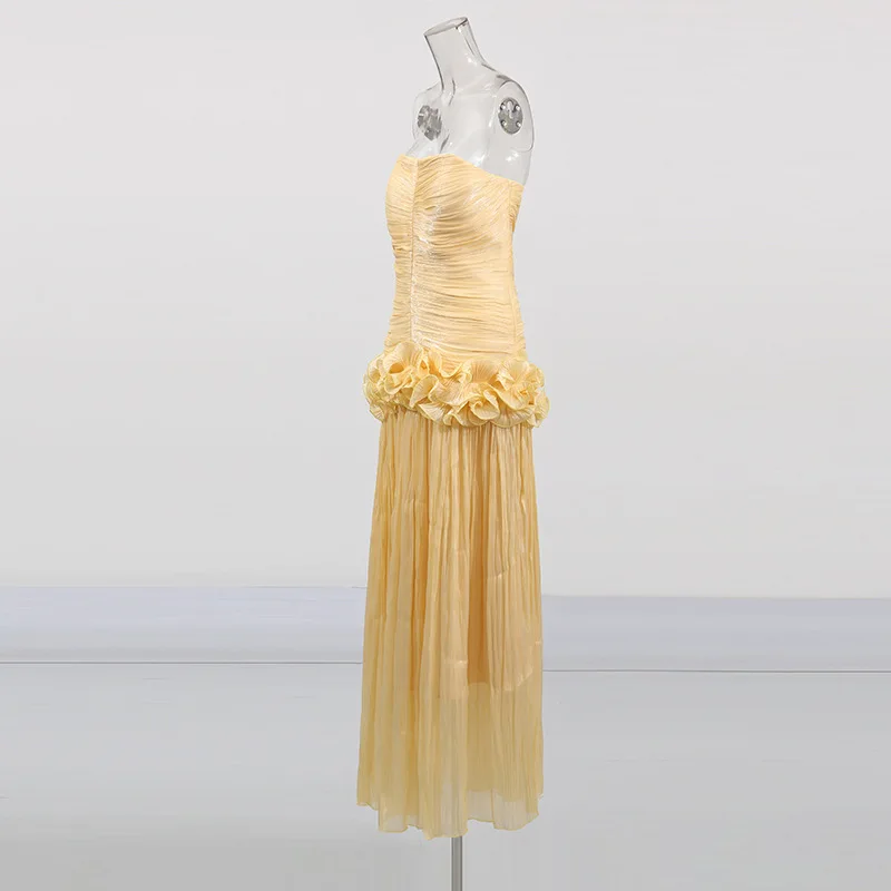 Sexy trägerlose Falten strukturierte Blumenmuster-Abendkleider 2025, Sommer, neues Promi-Club-Party-Burtstagskleid, elegante Kleider