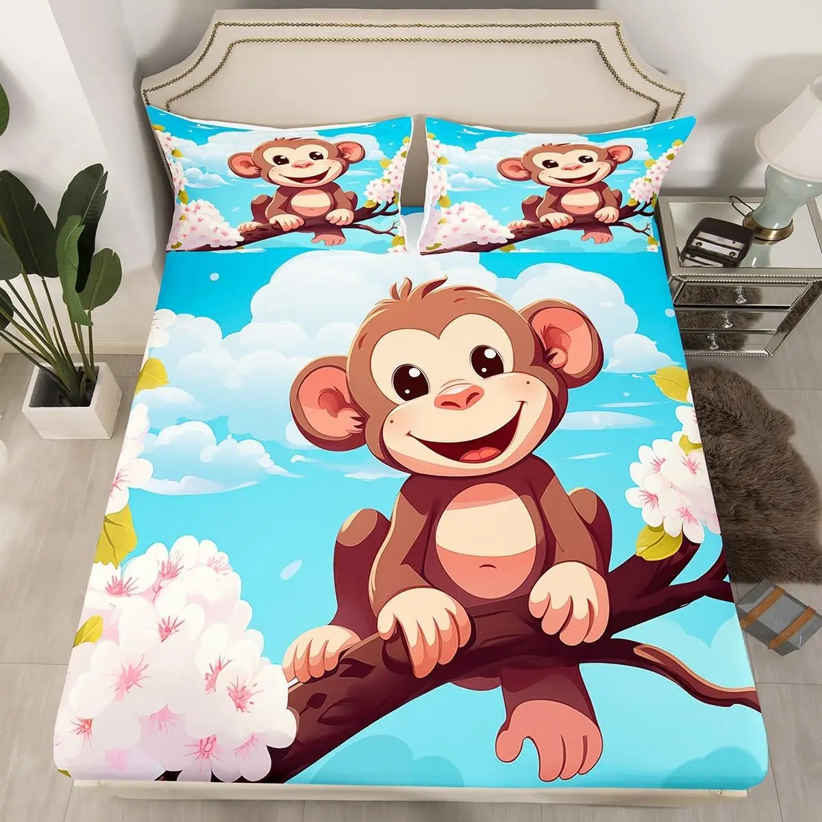 Cute Monkey Sheet Set for Boys Girls Room Dorm Decor Full Queen Size Cute Cartoon Monkey Fitted Sheet Wild Animal Bed Sheets