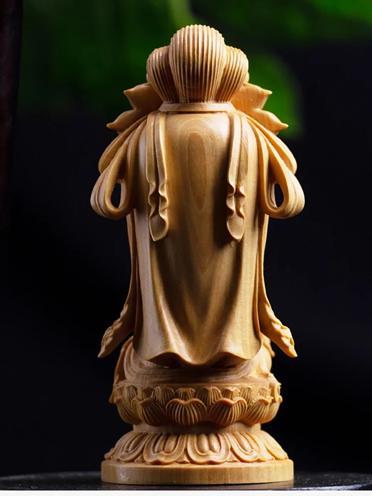 cypress Wood Q Version Guanyin Statue, Solid Wood Carving, Suitable for home office and desk decoration Wealth Luck Feng Shui