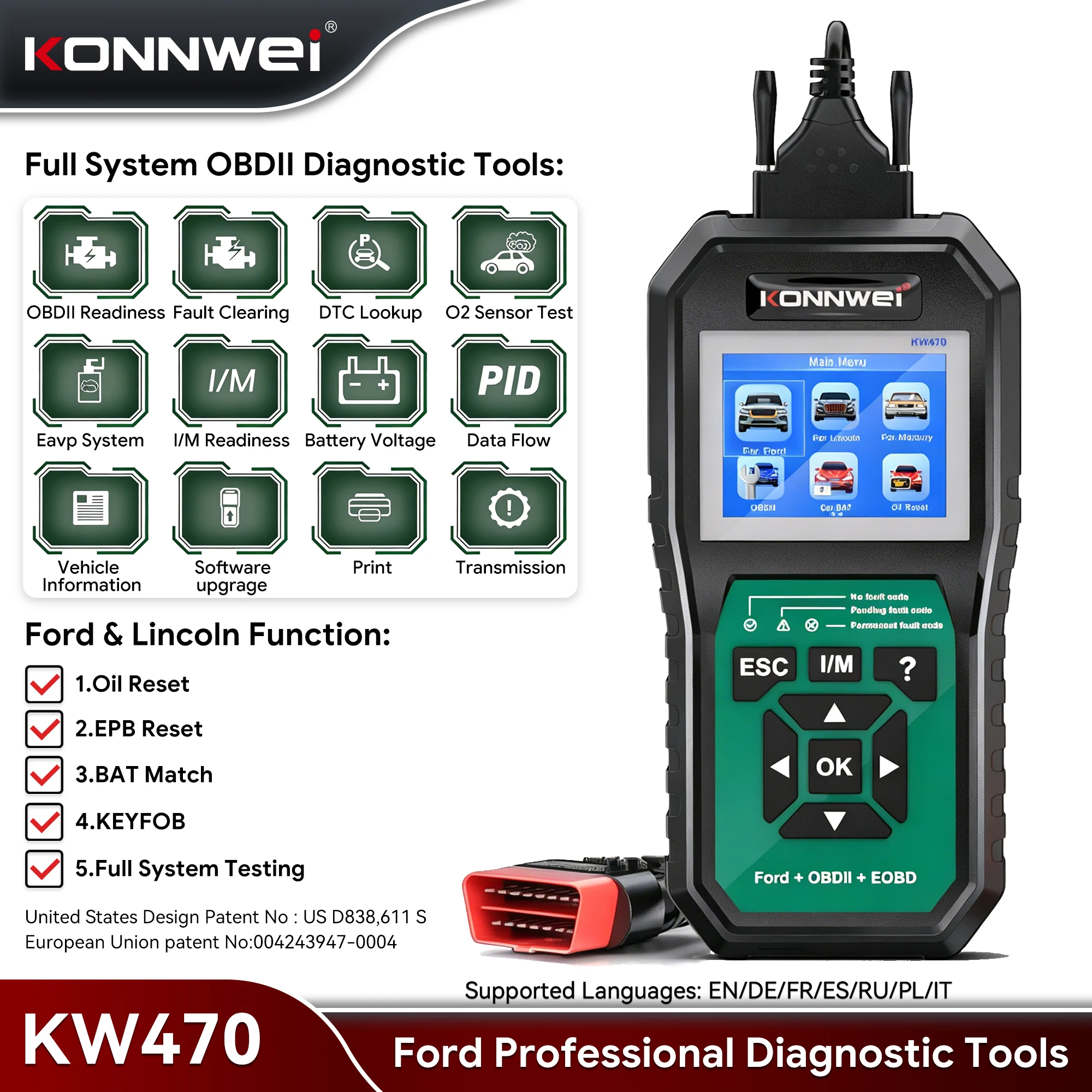 2026 KONNWEI KW470 Professional OBD2 Scanner For Ford ABS SRS Scan Tool with Active Test 3 Service Oil/SAS/BMS Diagnostic Tools