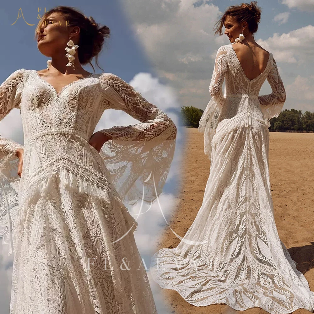 FL & AEVVE فستان زفاف أنيق من الدانتيل البوهيمي المدنية بأكمام طويلة مخصصة فستان زفاف هيبي كروشيه فستان غاتسبي Elvish رداء #1