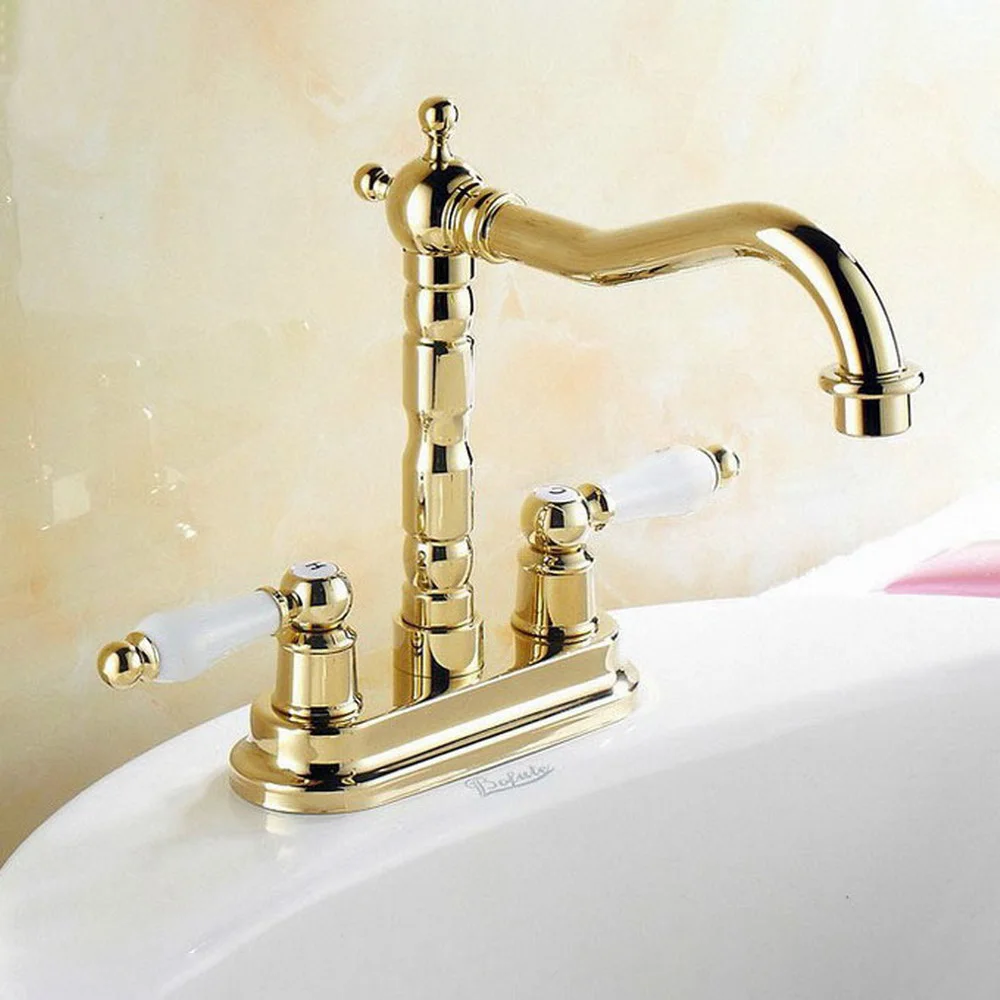 

Luxury Gold Color Brass 4" Centerset Kitchen Bathroom Vessel Sink Two Holes Basin Swivel Faucet Dual Handles Water Tap Lnf262