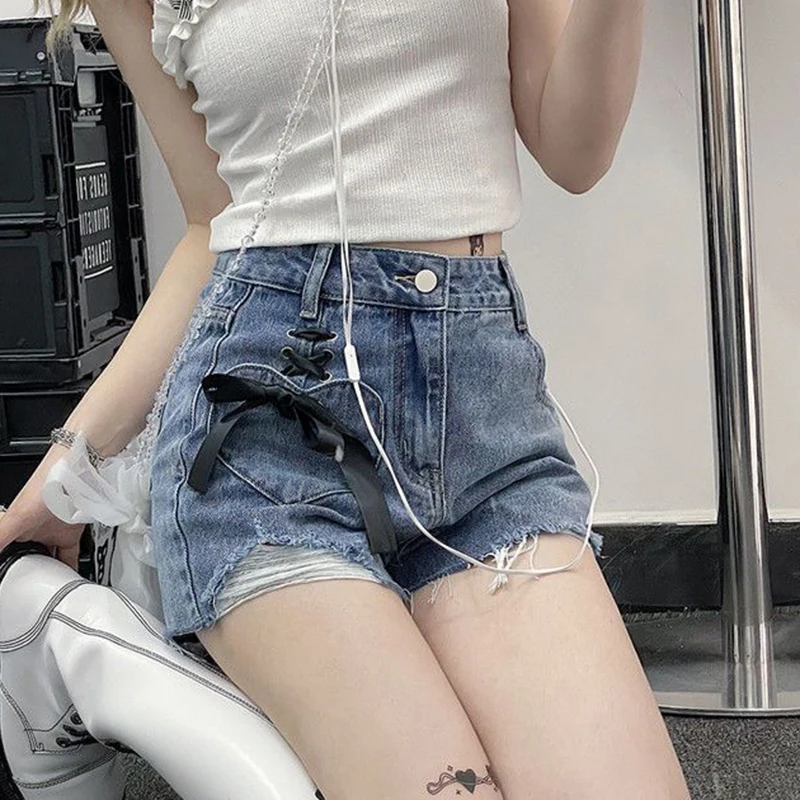 High Waist Women Denim Shorts Summer Fashion Bow Loose Shorts Korean Casual Female Streetwear All Match Ripped Pants