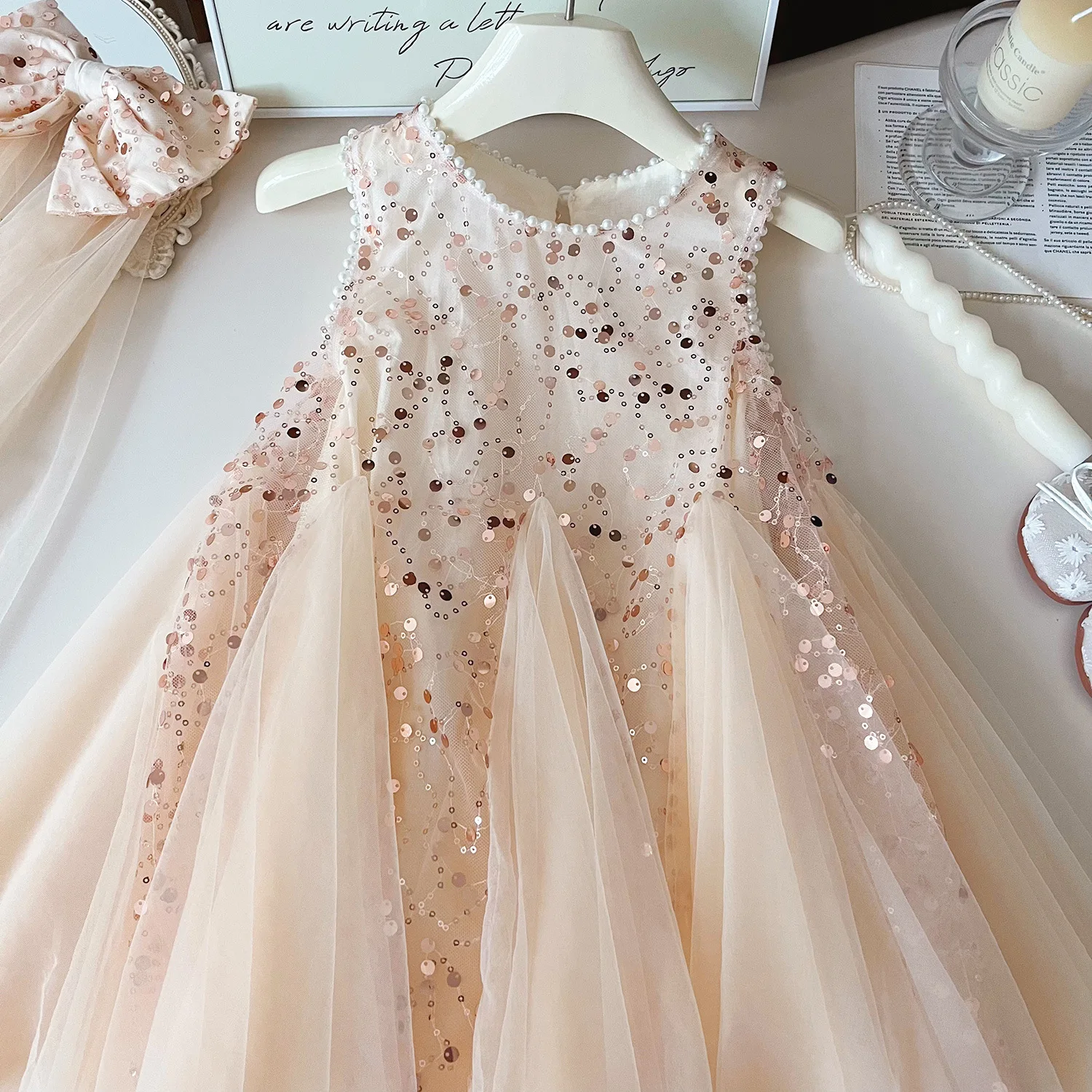 Summer new girls' clothing beaded sleeveless dress girls sequined mesh princess dress bow veil