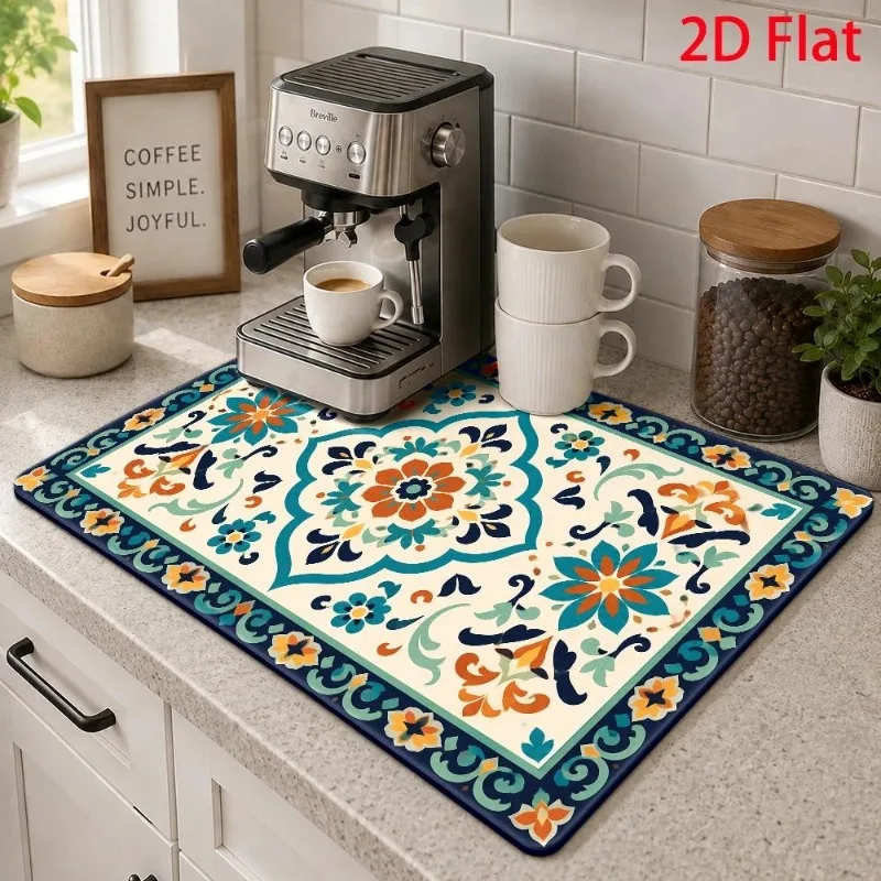 Kitchen Drainage Mat 2D Flat Coffee Sunflower Wreath Pad Super Absorbent Espresso Machine Cushion Countertop Placement