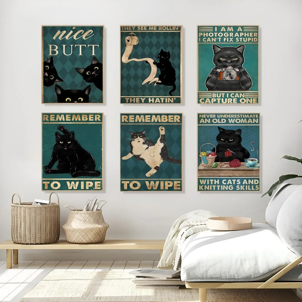 1PC Cute Black Cat Bathroom Tips Poster Self-adhesive Art Waterproof Paper Sticker Coffee House Bar Room Wall Decor