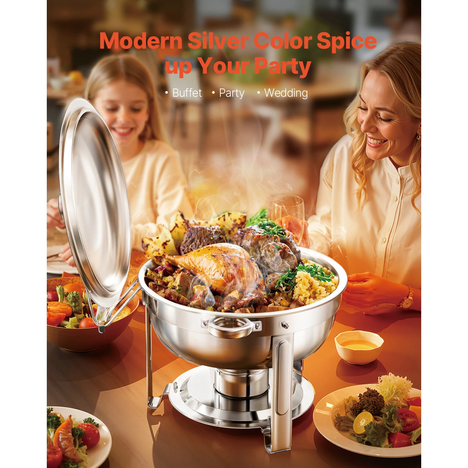SucceBuy Chafing Dish Buffet Set 5Qt2Pcs Stainless Steel Chafer w/ 2 Full Size Pan Round Catering Warmer Server w/ Lid Water Pan