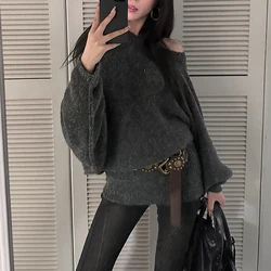 Pullover Women Bell Sleeve Ribbed Hem Knitted Sweater Dark Grey Tunic Jumper for Women Fall Winter Streetwear