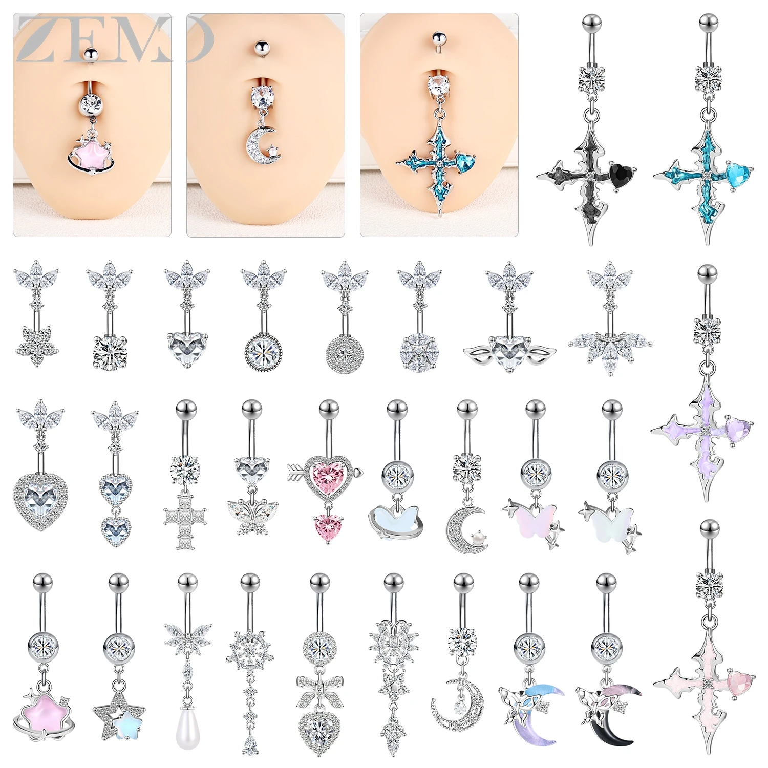 ZEMO 1 Piece 14G Sexy Belly Button Rings Women Men Colorful CZ Crystal Navel Ring Heart Moon Cross Belly Piercings Body Jewelry