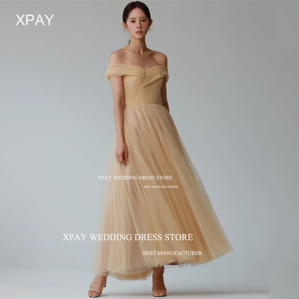 

XPAY Strapless Off Shoulder Korea Evening Dresses Fairy Tulle Draped A Line Wedding Photo Shoot Open Back Corset Bride Gown