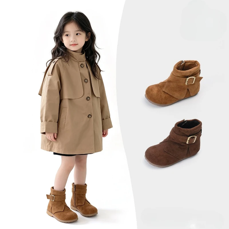 JGSHOWKITO Kids Suede Ankle Boots Side Zipper Patchwork Little Girls Fashion Boots Round-toe Vintage Children Causal Short Boots