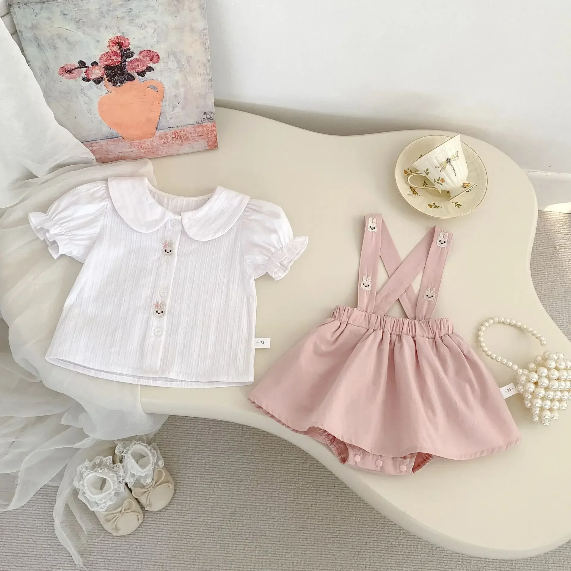 Ins Summer Baby Girl Set New Baby Cute Rabbit Embroidered Short Sleeve Shirt+Strap Skirt Pants Two Piece Set