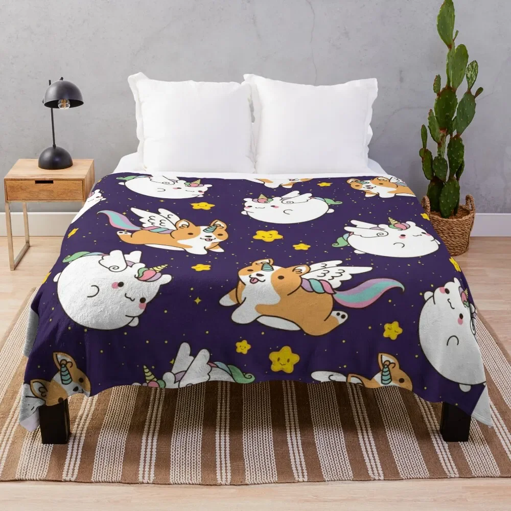 Unicorn and Corgi Unicorn Flying in the Sky Throw Blanket fluffy Softest Blankets