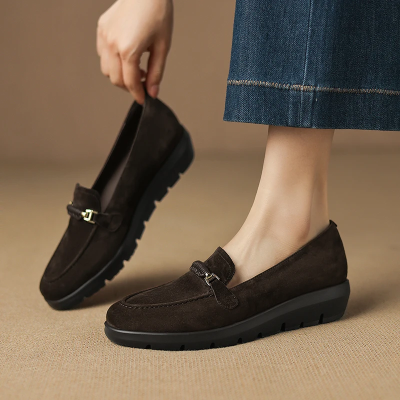 2026 new spring summer women pumps natural leather 22-25cm kid suede+sheepskin round toe thick wedges heel loafers women shoes