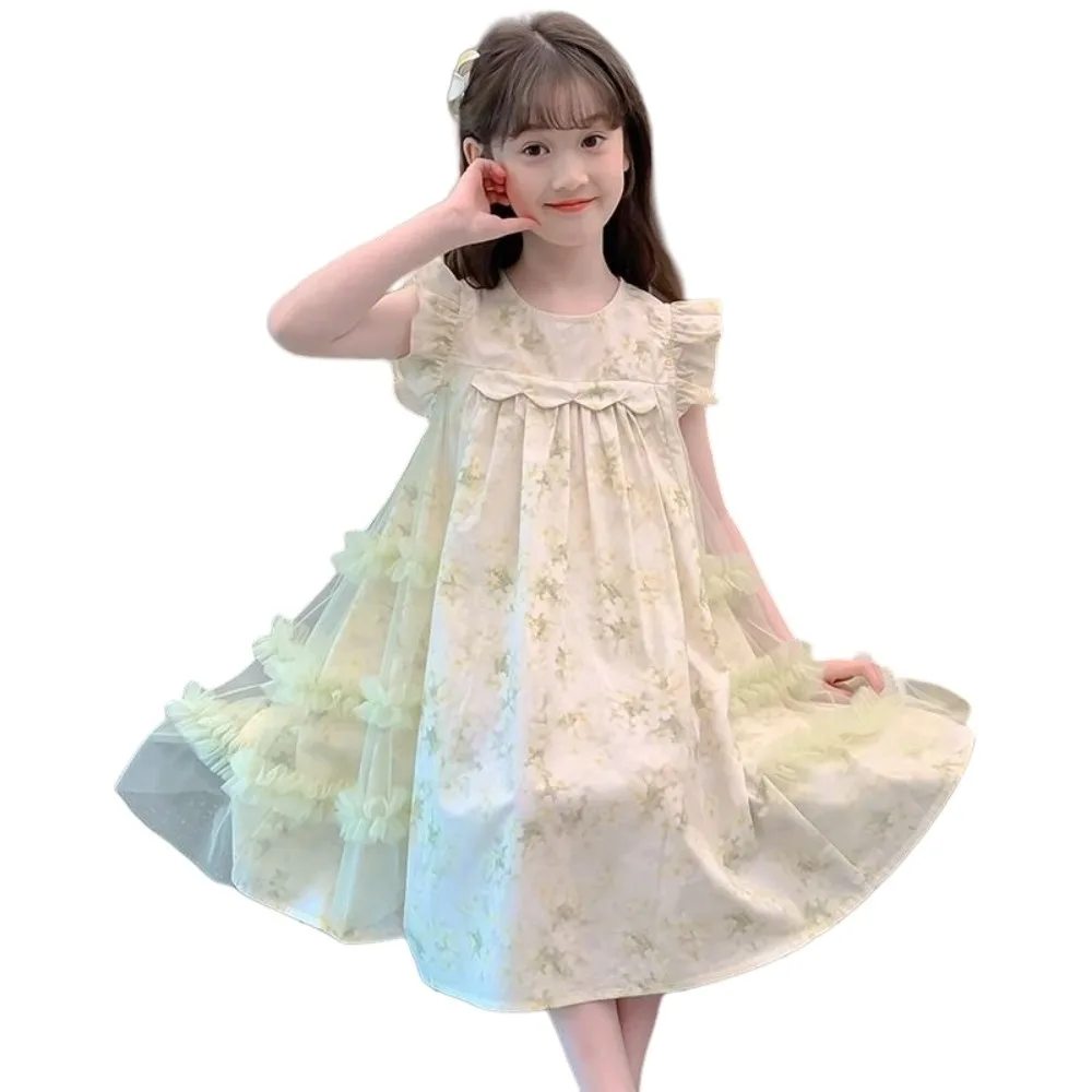 

Floral Print Pleated Kids Ruffles Mesh Dress Sleeveless Loose Girls Puff Sleeve Skirt Long Flower Lace Children Princess Dress