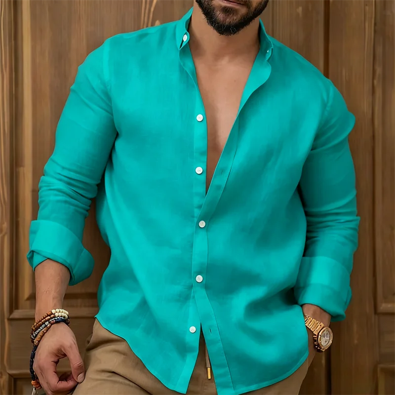 

Men's solid color shirt summer casual lapel long sleeved beach shirt solid color loose men's top s-6XL