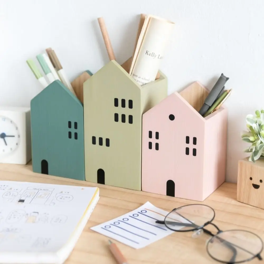 Minimalist Style Cartoon House Pen Holder Wooden Stationery Pencil Container High-End Container Desktop Storage Organiser School