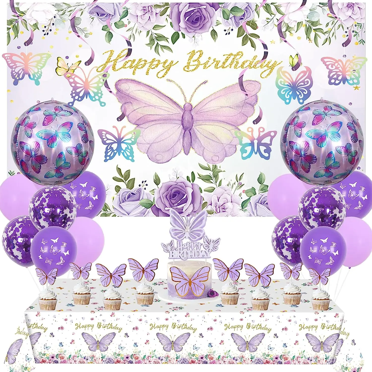 

Fangleland Butterfly Theme Birthday Party Decorations for Girls Purple Butterfly Balloons Backdrop Tablecloth Cake Toppers Kit