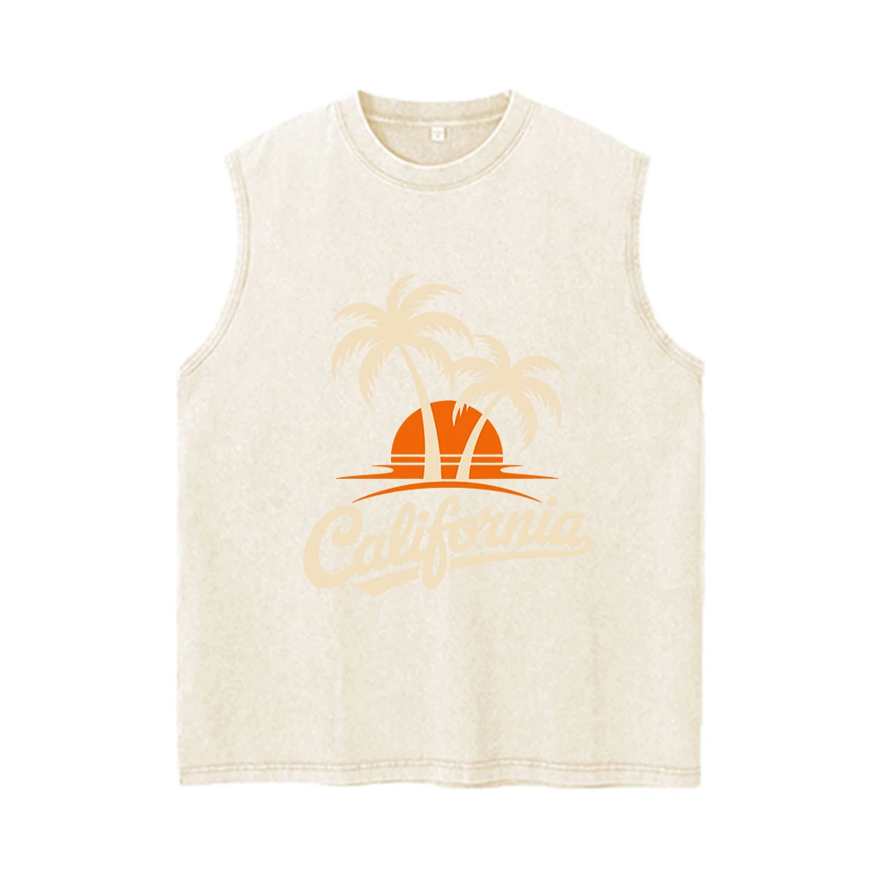 Men's Coconut Tree Print Pure Cotton Washed Vest Summer Fashion Casual Heavyweight Distressed Sleeveless Vest 2026 New Style