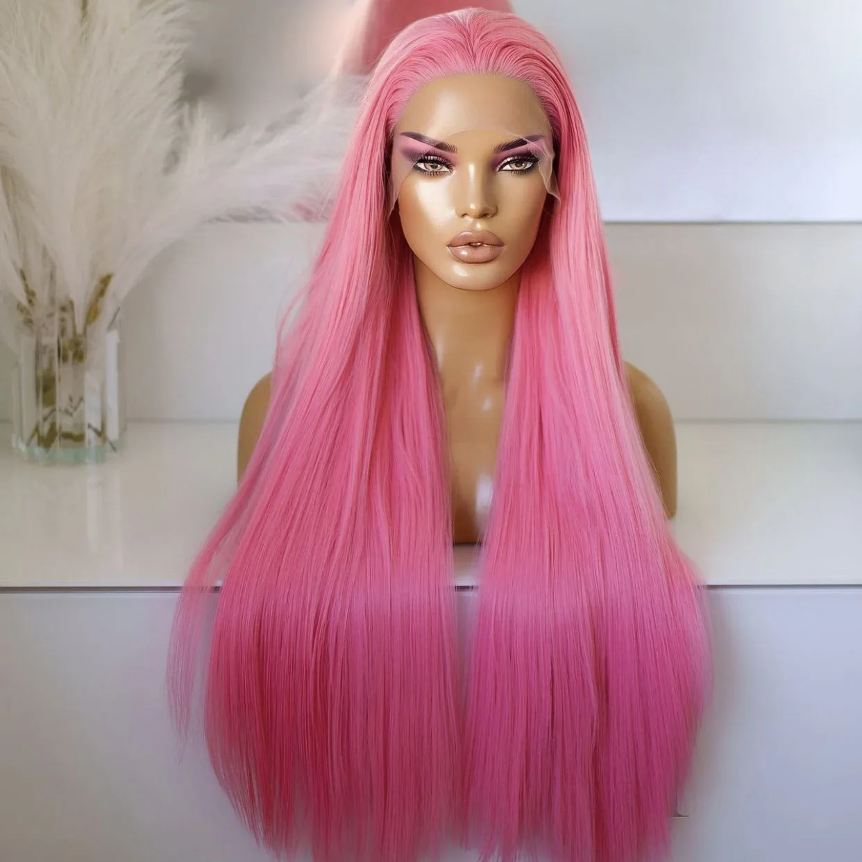 

Long Synthetic Ombre Pink Lace Front Wigs for Women Straight Wig Glueless Lace Wig Heat Resistant Fiber Cosplay Daily Wear