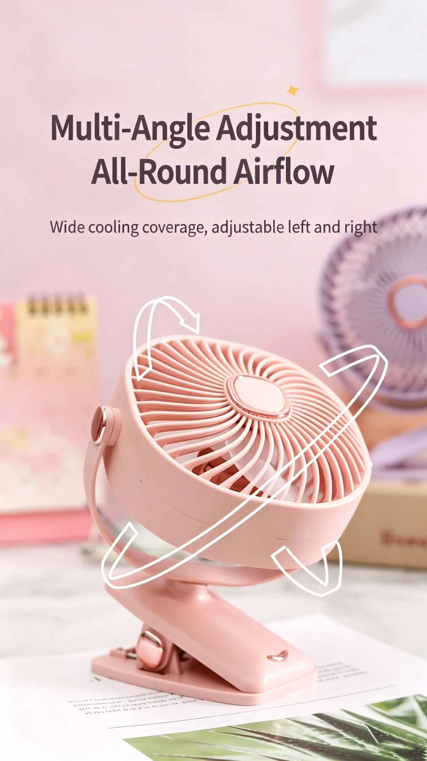 Clip-Ventilator, wiederaufladbarer Mini-Tischventilator, 3 Geschwindigkeiten, USB Typ-C, tragbar, leise, drehbar, mit Sockel für Kinderwagen, Büro, Bett, Sommer – Detail 12