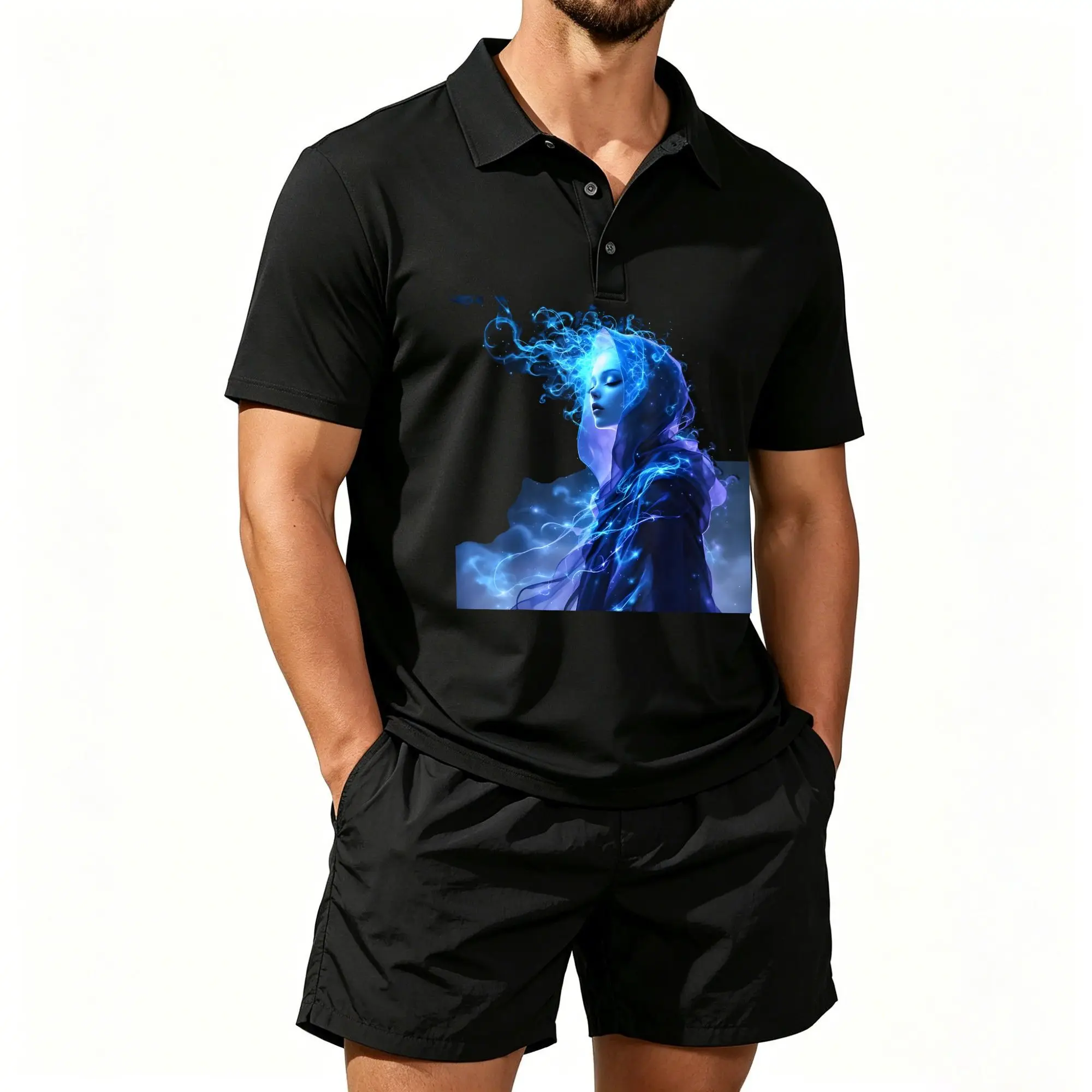 Conjunto de Camiseta Polo de Manga Corta para Hombre con Ilustraciones de Personajes de Fantasía en Azul y Morado, Adecuado para Uso Diario y Actividades al Aire Libre. La tela es transpirable y agradable al tacto y se puede lavar a máquina.