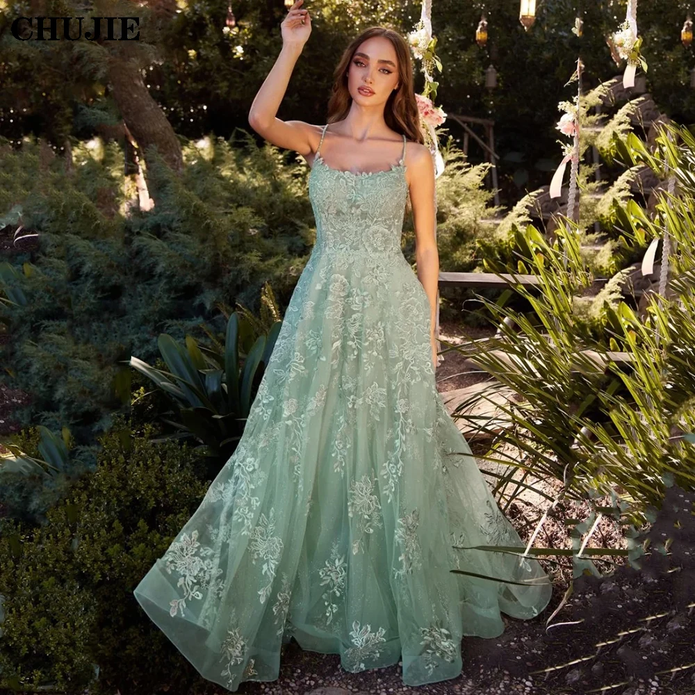 Lace Appliqué Prom Dresses Ball Gown Woman Luxury Glitter Tulle Evening Dress Sage Green Graduation Wedding Party Gowns Robe