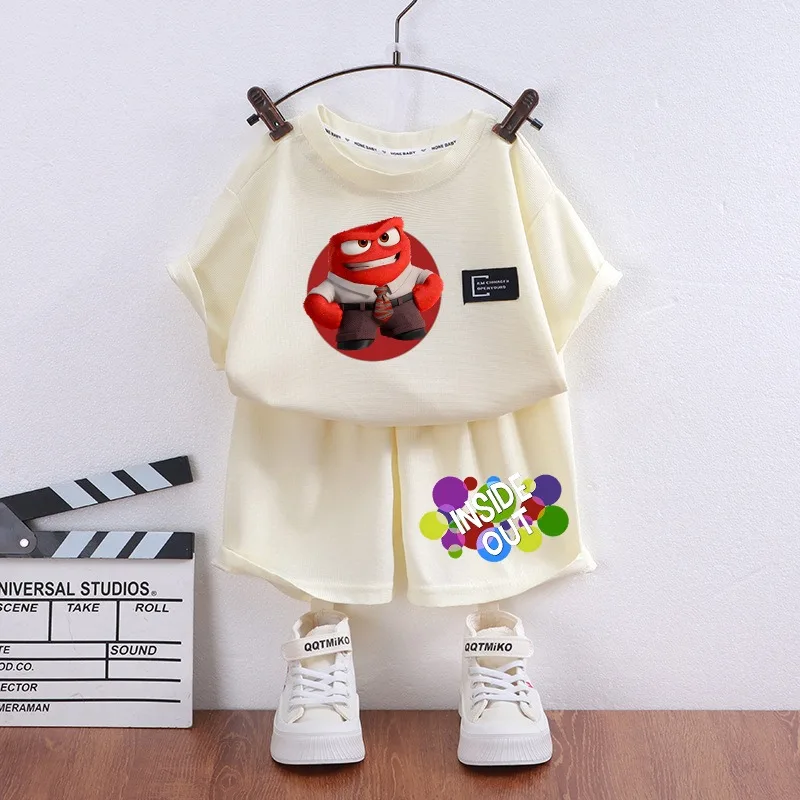 Disney Inside Out Children Clothing Sets Summer T-Shirts Shorts 2pcs Tracksuit Suit Anime Tees Tops Waffle Kids Clothes Outfit