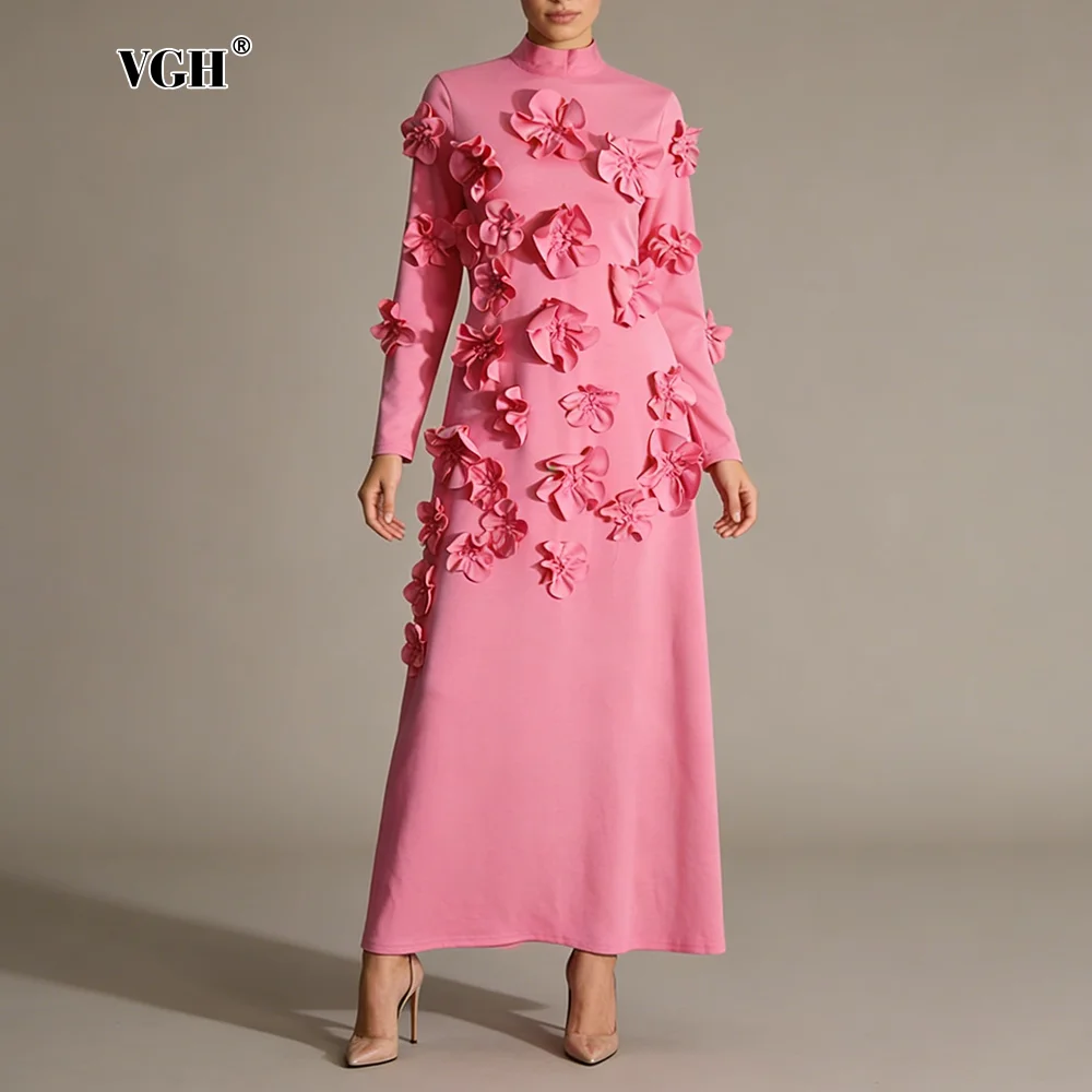 

Элегантное розовое платье макси VGH с высоким воротом и 3D-цветочным декором, приталенное, с длинными рукавами, для выставок и мероприятий