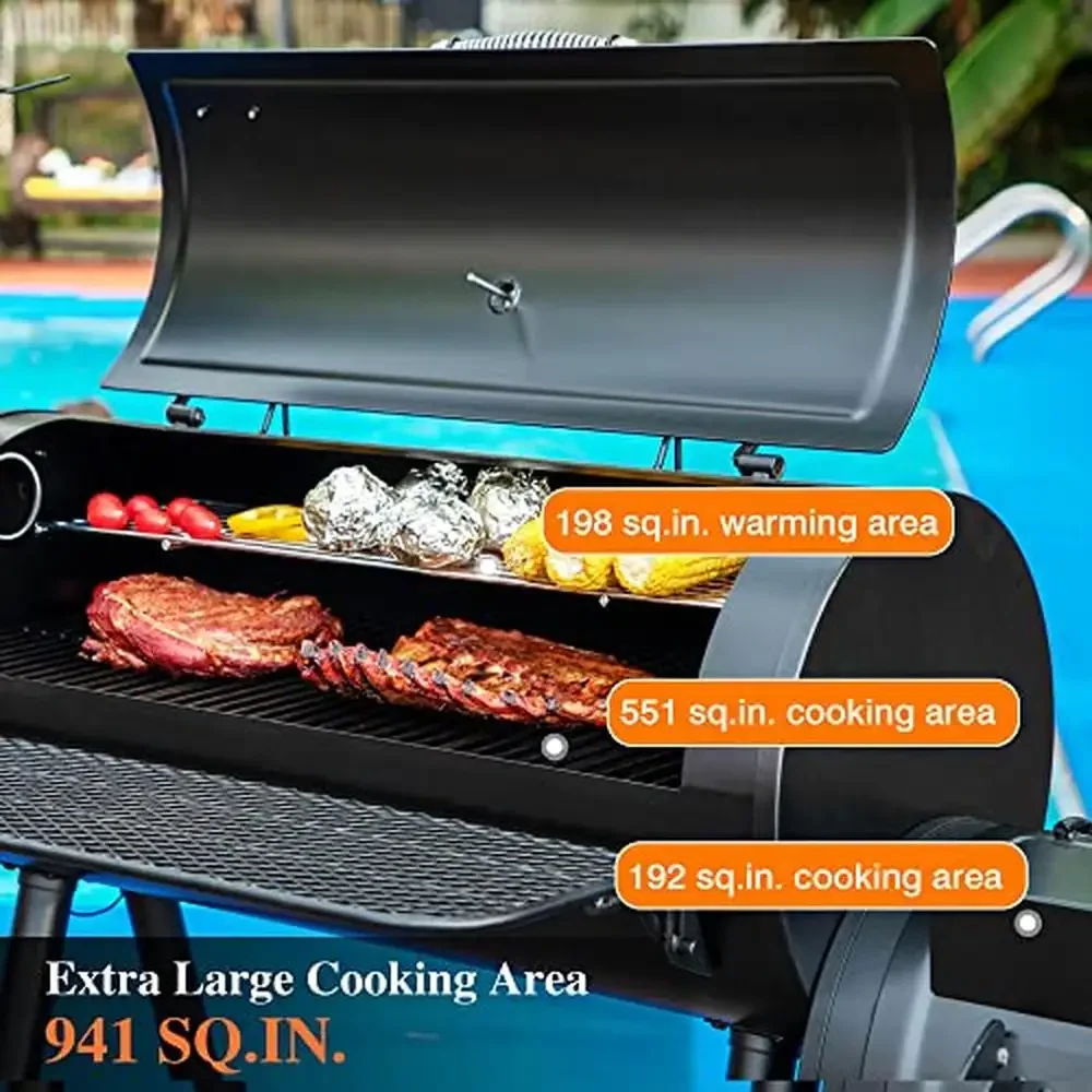 Extra Large Charcoal Smoker Grill with Offset Smoker 941 SQ.IN. Cooking Area Heavy Duty Steel Adjustable Temperature Control