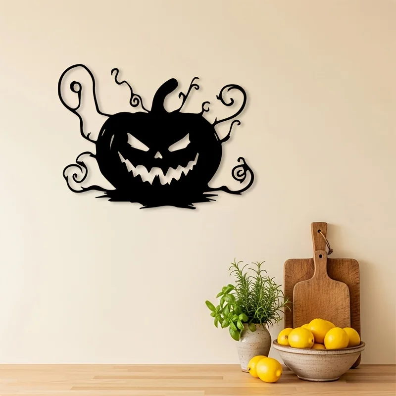 Ghostly Jack‑o'‑lantern Metal Wall Art, 2D Flat Laser Cut Halloween Silhouette Wall Sculpture, Spooky Gothic Style