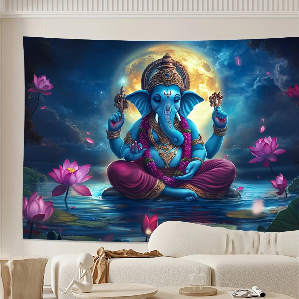 Fantasy Ganesha Tapestry - Blue-Skinned Deity on Water with Lotus & Moonlit Sky, HD Intricate Details for Home/Office Decor