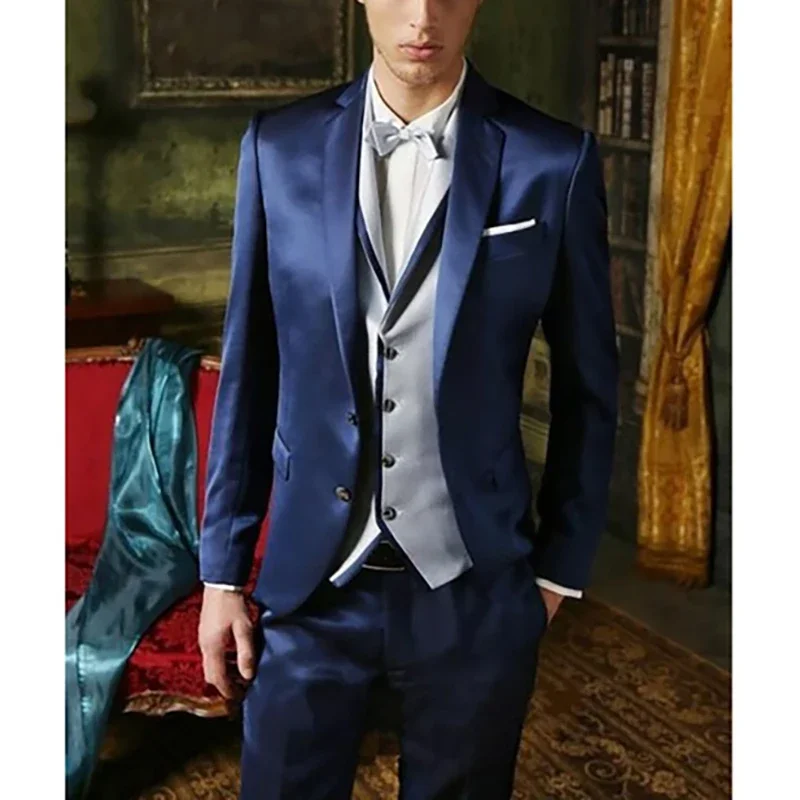 

Luxury Satin Men Clothing Suits Terno Hombre Slim Fit Blue Jacket Panst Silvery Vest Three Piece Single Breasted Notched Lapel