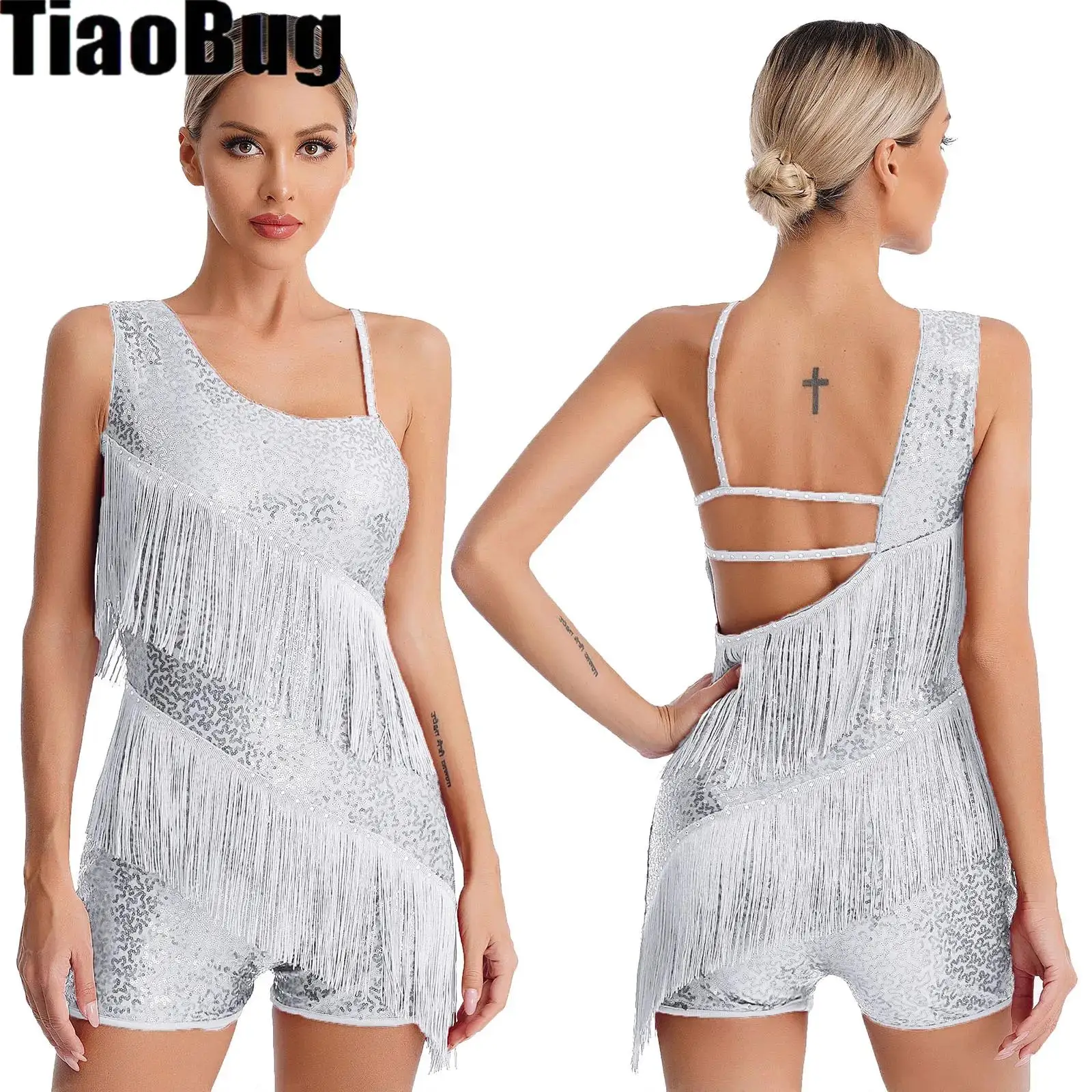 

Женский трико для латиноамериканских танцев, комбинезон с блестками и кисточками, комбинезон с асимметричными лямками для бальных танцев