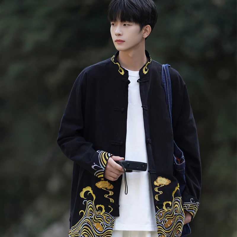 

Ele Long Sve Embroidered irt Collar Ne Design Morning Exercise Hanfu Men's Faionable Stand Fit Youth Sle