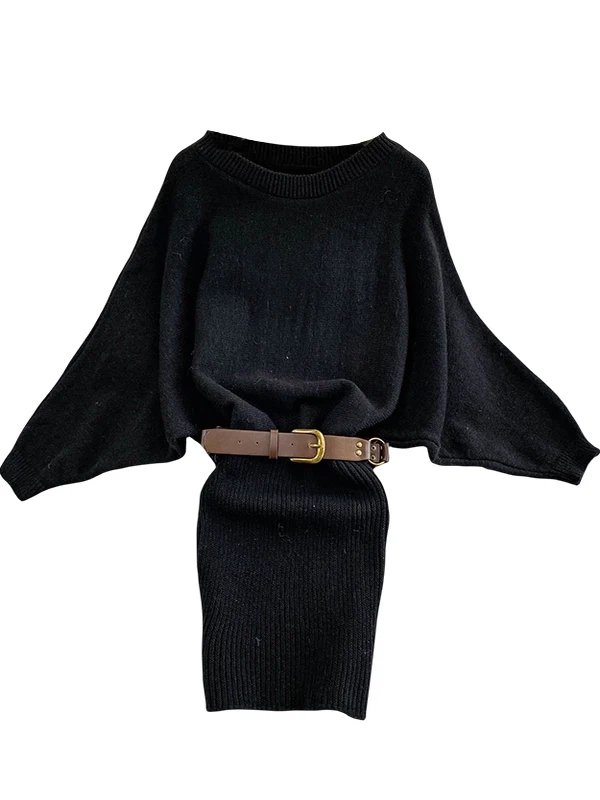 Korean Sle Batwing Sve Knitted Dr Women's High Waist Slim Fit Wrap Bodycon Sweater Dr Ci Commute X-ape Silhouette