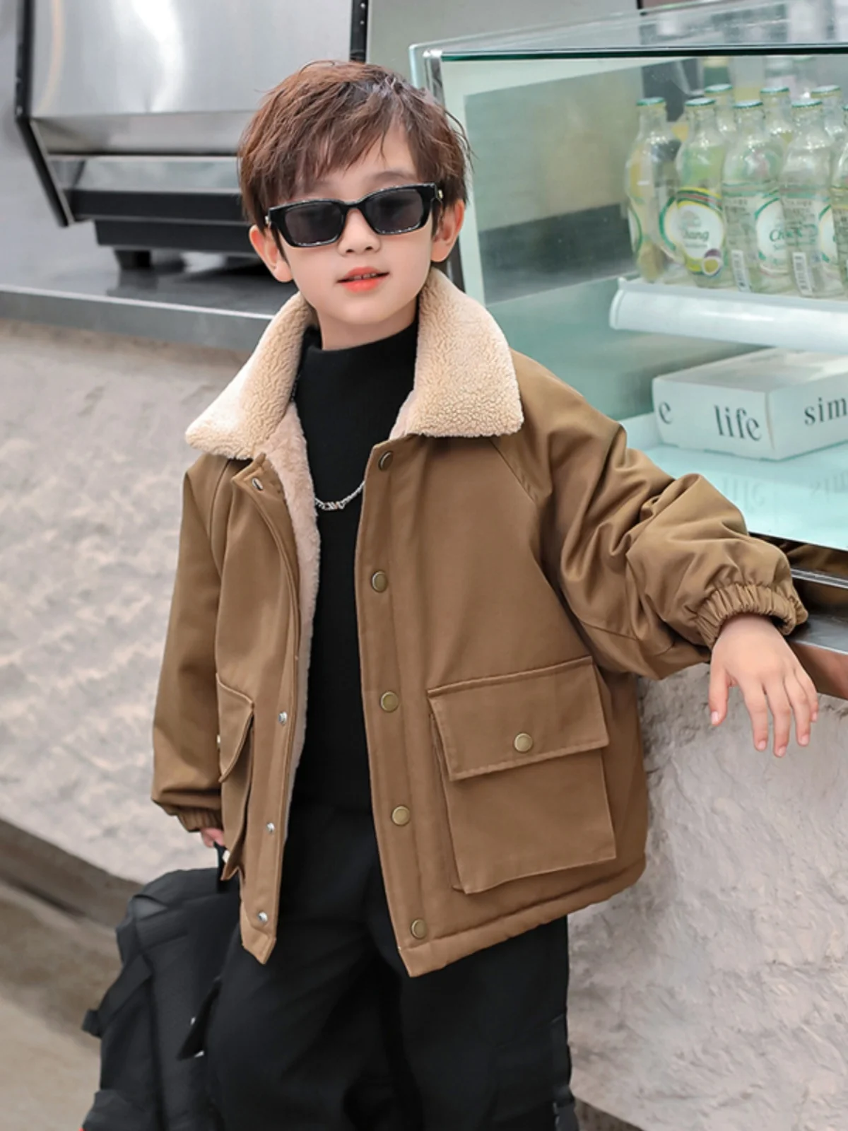 

Thiened Fce Lined Boys' Parka Coat Stand Collar Autumn Winter Jaet for Teenage Boys Cool Sli Outerwear