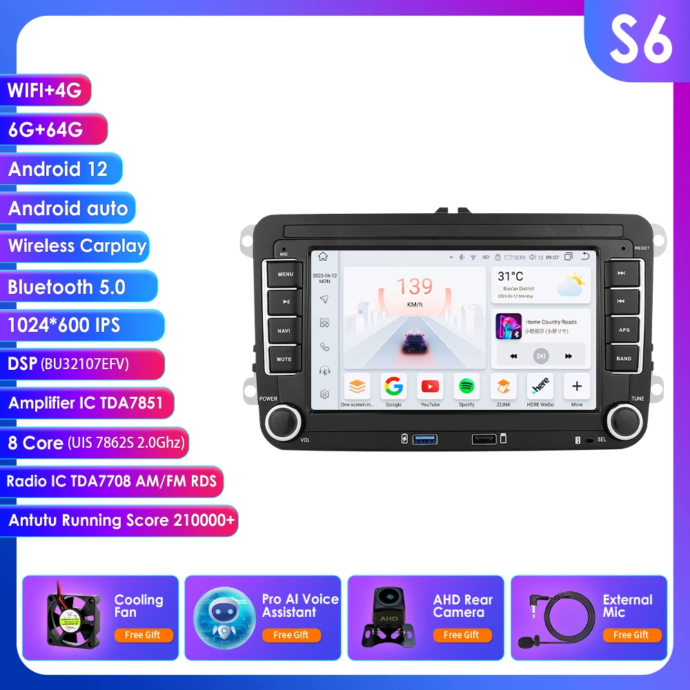 Hizpo 2 Din 7 Inch Carplay 4G AI Systeem Android 14 Autoradio voor Volkswagen VW Passat B6 B7 T5 Tiguan Touran GOLF POLO Autoradio