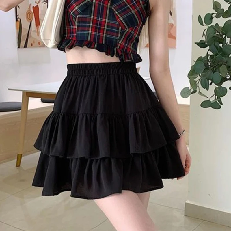 White Ruffle Sweet Tierred Pretty Style Women Skirt Pleated A-Line Skirt Elastic Waist Summer Slim Basic Korean Harajuku Dress