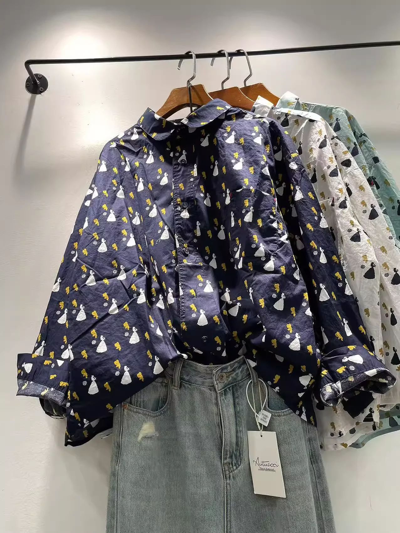 Japanese vintage clothes 100% cotton autumn women shirts plus size tops cartoon dancing girl print long sleeve blouses