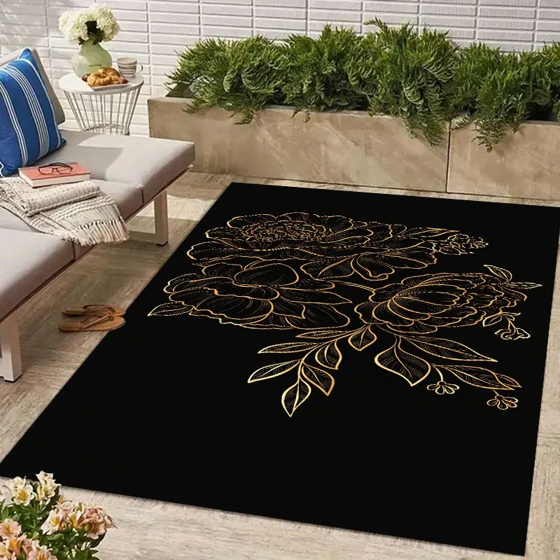 [2D Flat]Elegant Large Rug Featuring Peonies With Gold-thread Detailing; Minimalist Large Rug With A Black Background; Stylish Home Decor Rug For Living Rooms, Bedrooms, And Sofa Areas.